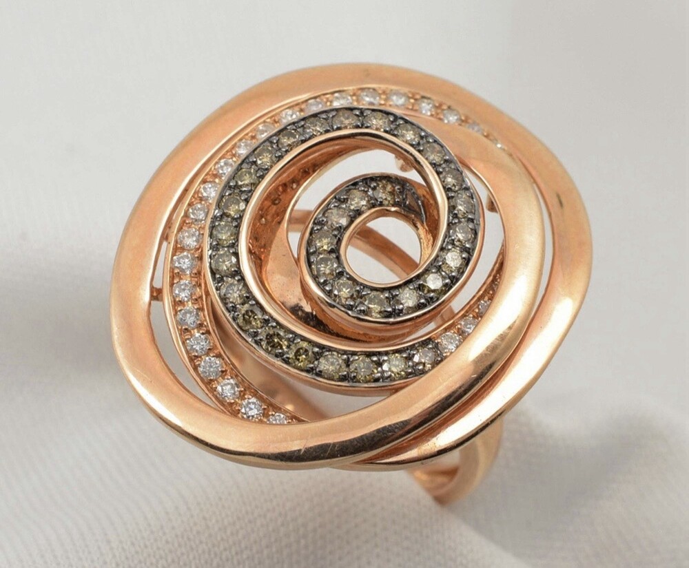 Contemporary 14k rose gold ring, 34 white diamonds, 32 brown diamonds. size 6.25
